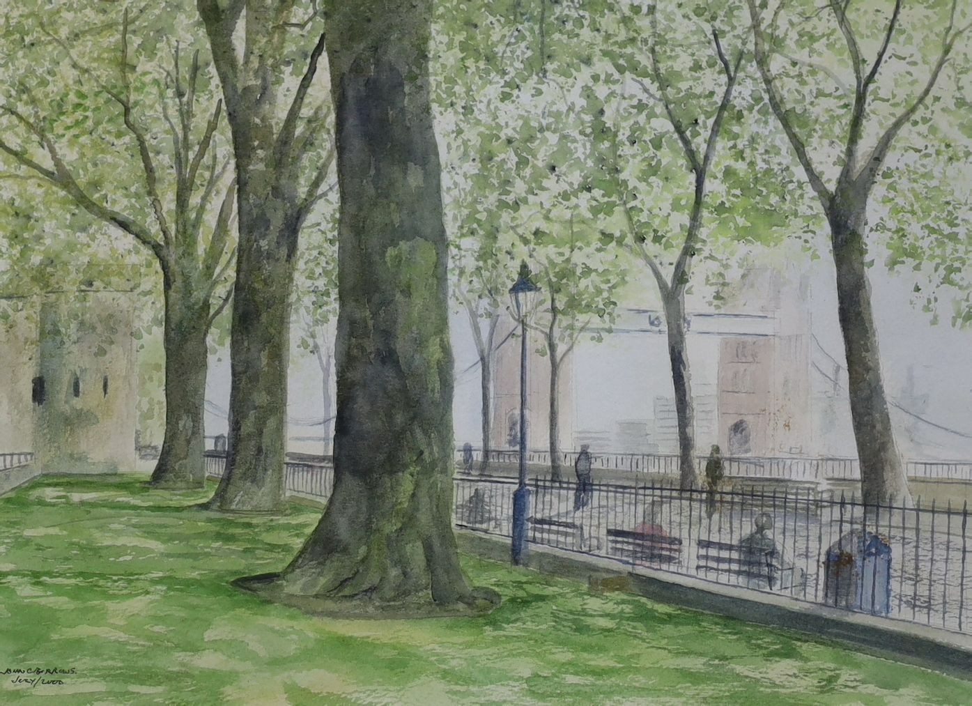 John C. Burrows, pair of watercolours, 'Near Tower Bridge' and 'London Park', signed and dated 2000, 29 x 40cm